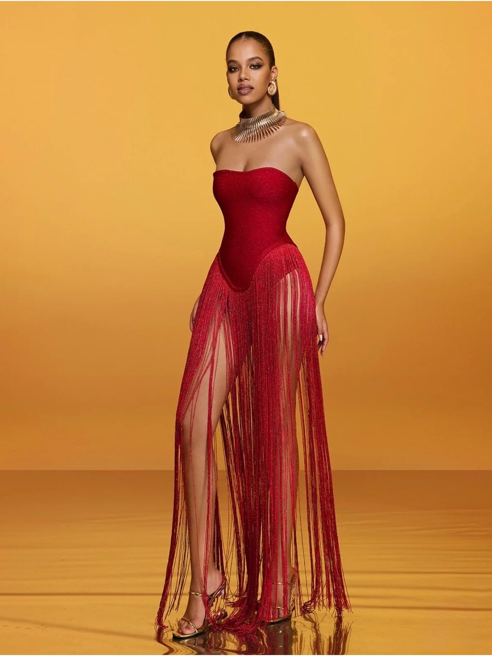 Elegant Red Strapless Fringe Dress